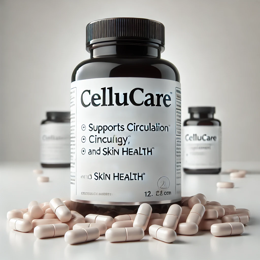 Bottle of Cellucare supplement pills on a plain white background, with a label stating 'Cellucare' and 'Supports Circulation, Energy, and Skin Health.' A few pills are scattered around the base of the bottle.