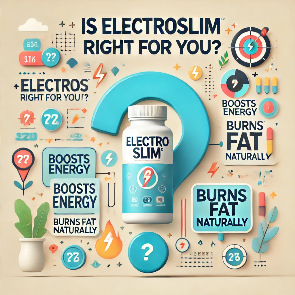 Infographic titled 'Is ElectroSlim Right for You?' with a question mark, ElectroSlim bottle, and benefits like boosts energy and burns fat naturally.