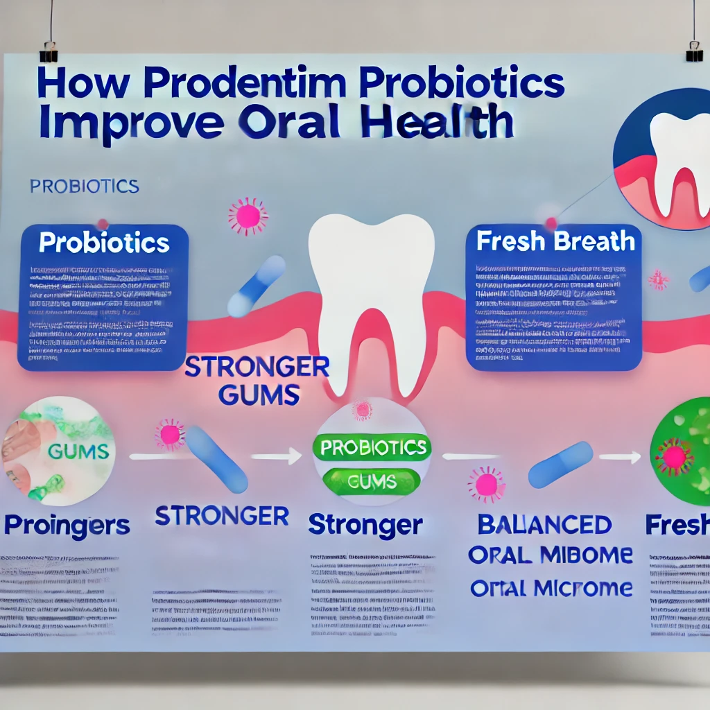 Infographic showcasing ProDentim probiotics with benefits like fresh breath, healthier gums, and improved oral microbiome.