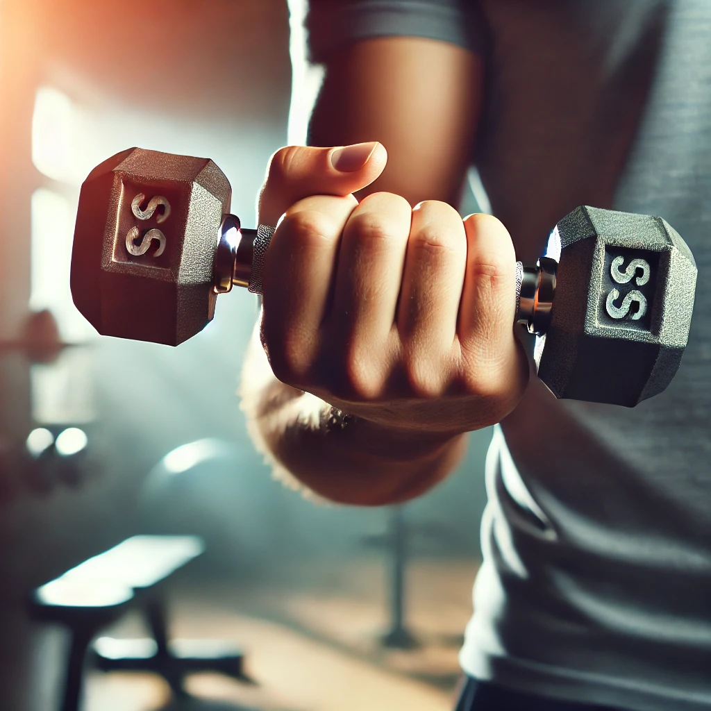 Close-up of a person holding a light dumbbell, symbolizing strength training without bulking up.