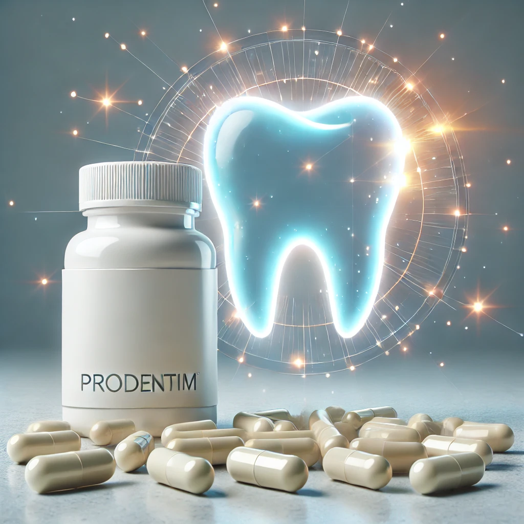 A bottle of probiotic supplements like ProDentim, with capsules spilled onto a clean surface. The background features a glowing symbol of healthy teeth and gums, representing the benefits of probiotics for oral care.