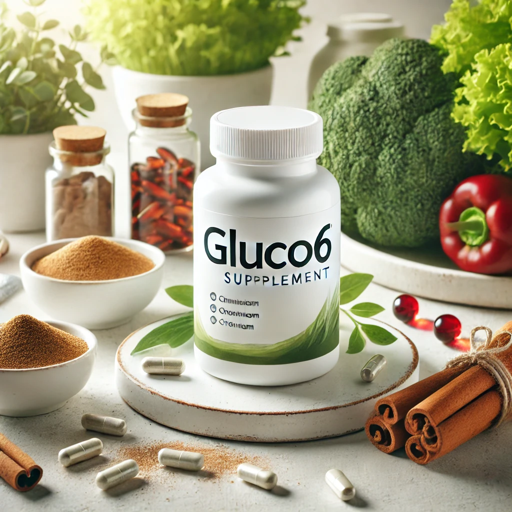 Gluco6 supplement bottle with cinnamon, chromium capsules, and leafy greens for natural blood sugar management.