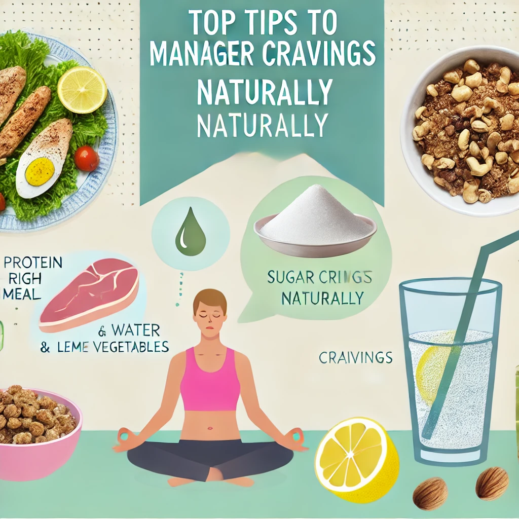 Infographic displaying natural strategies for managing sugar cravings, including protein foods, water with lemon, nuts, and meditation.