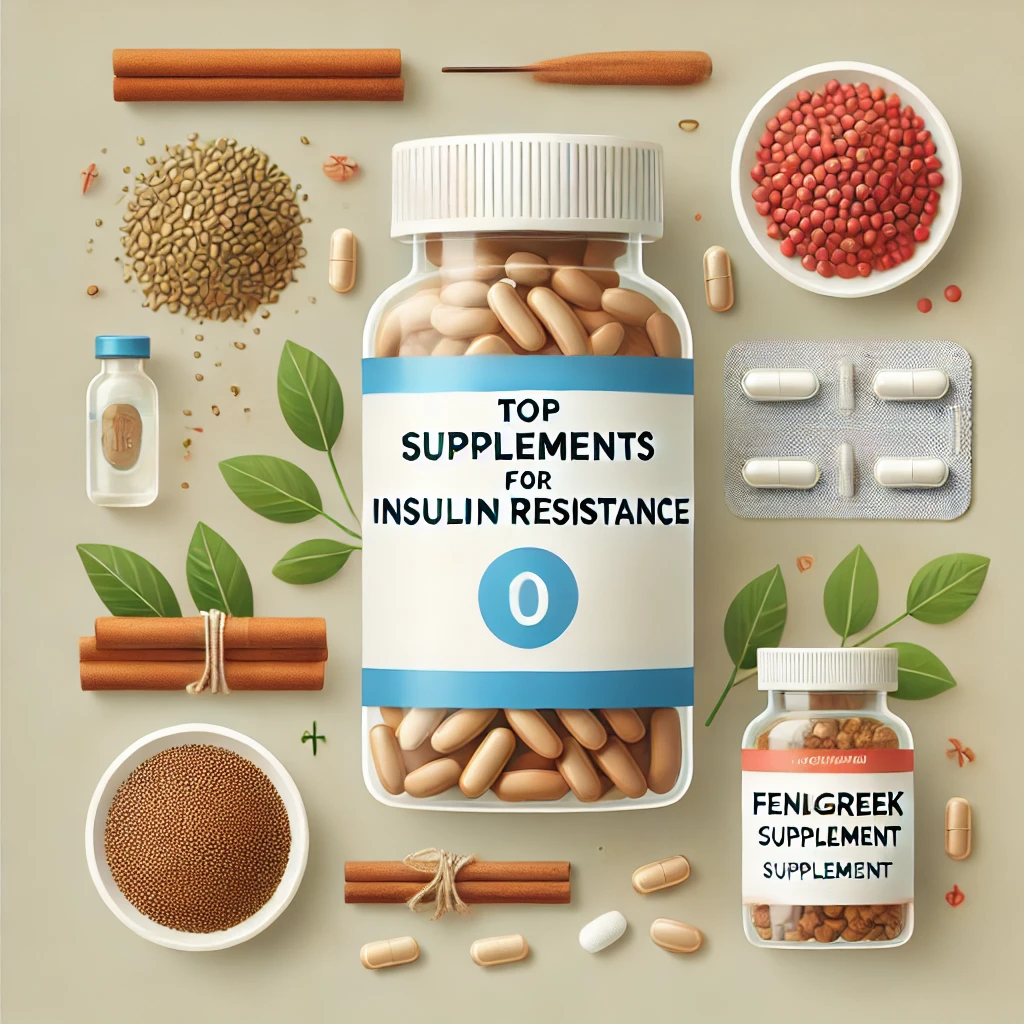 Infographic titled 'Top Supplements for Insulin Resistance,' featuring berberine capsules, cinnamon sticks, fenugreek seeds, and a magnesium supplement bottle.