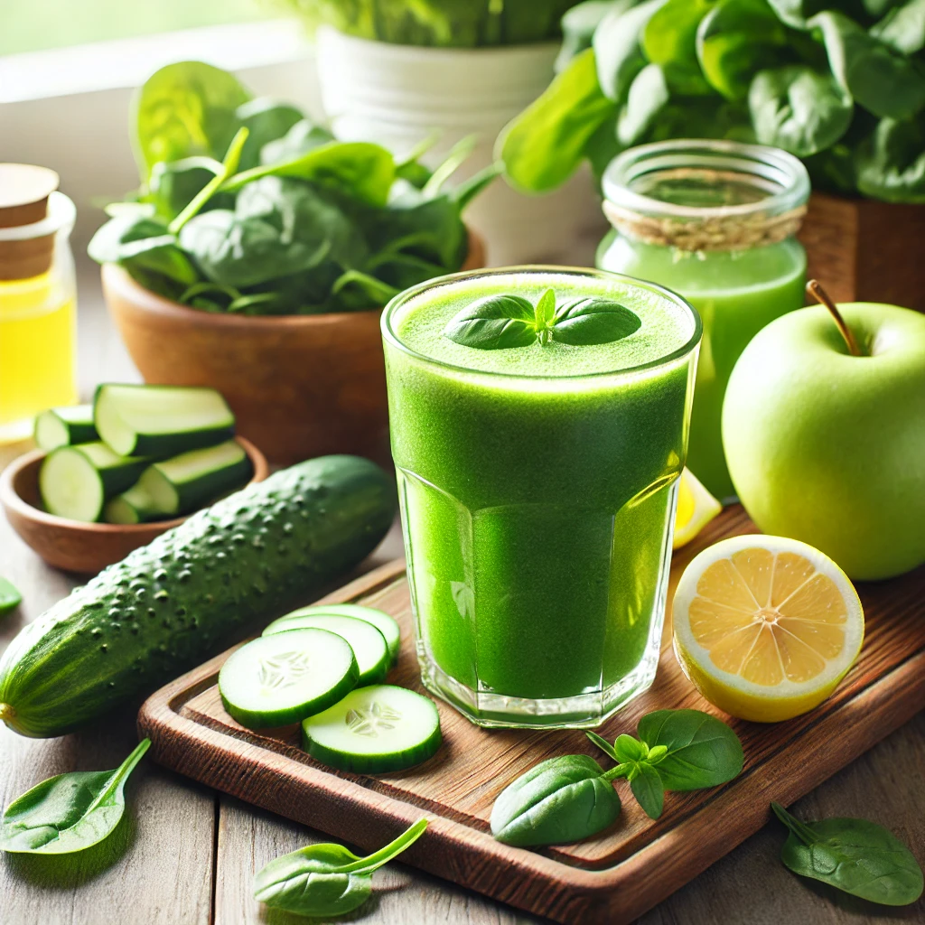 A glass filled with a green detox smoothie, surrounded by fresh ingredients like spinach, cucumber, green apple, and lemon on a wooden table.