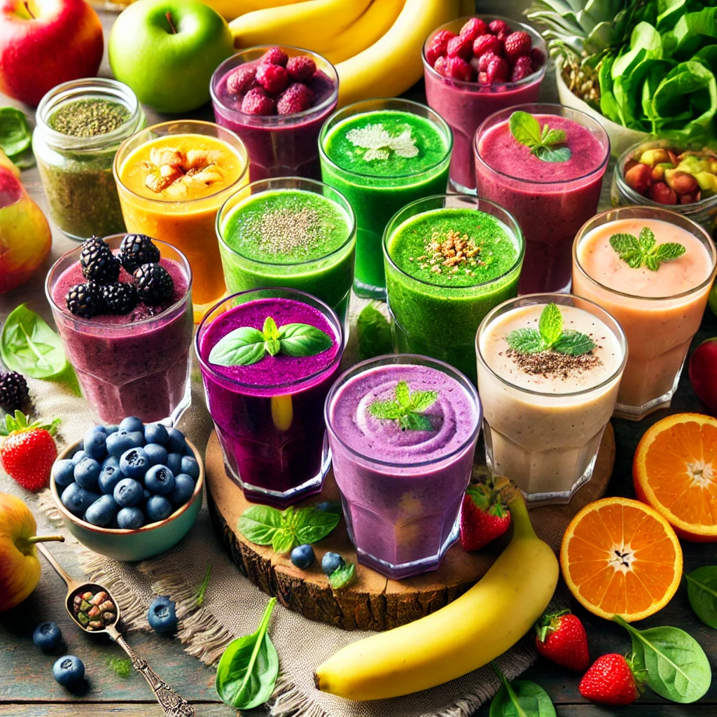 Colorful smoothies in glasses on a table, showcasing fresh ingredients like berries, spinach, and bananas.