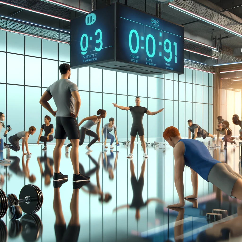 Modern gym fitness competition with participants performing planks, squats, and dumbbell exercises, guided by trainers under a countdown timer.