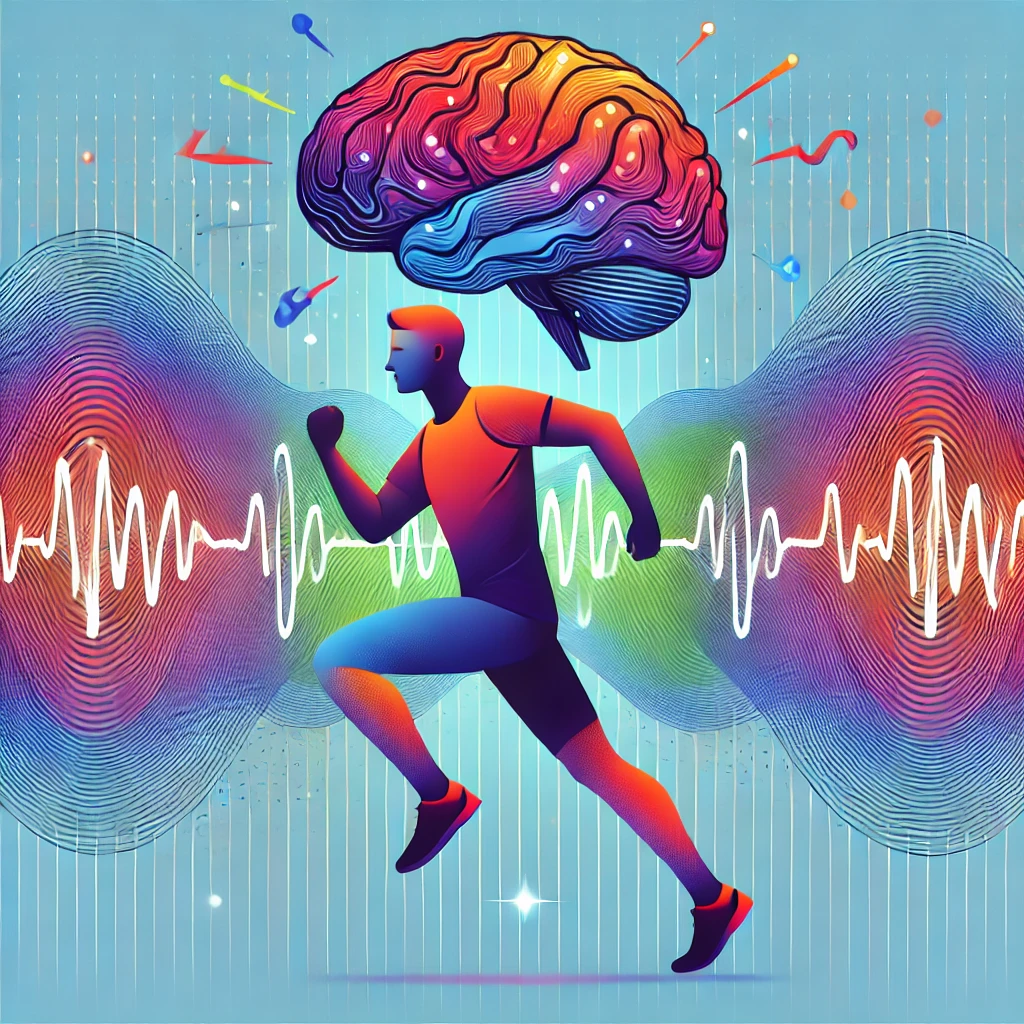 A person running with Beta brainwave patterns, symbolizing concentration and sharp focus during intense physical exercise.