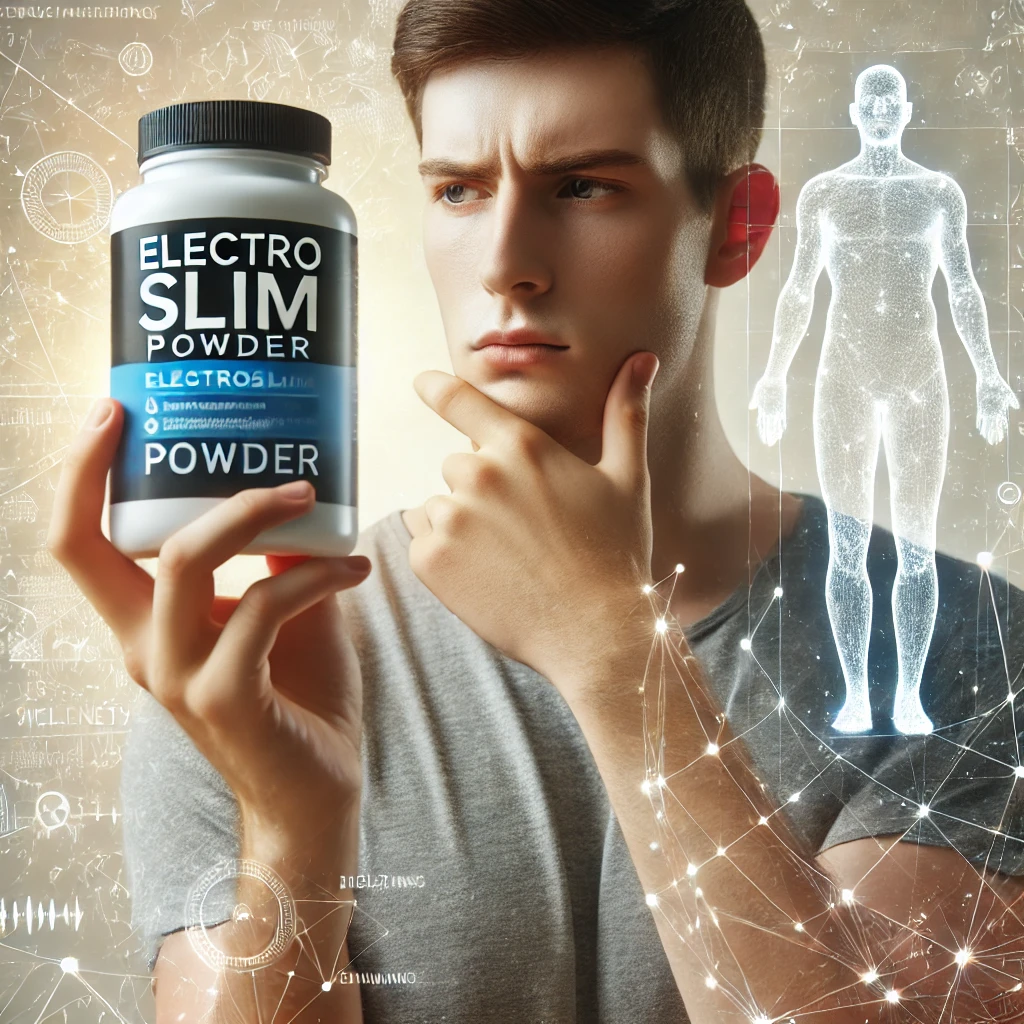 Person holding ElectroSlim powder, appearing contemplative, with a bright, wellness-focused background.