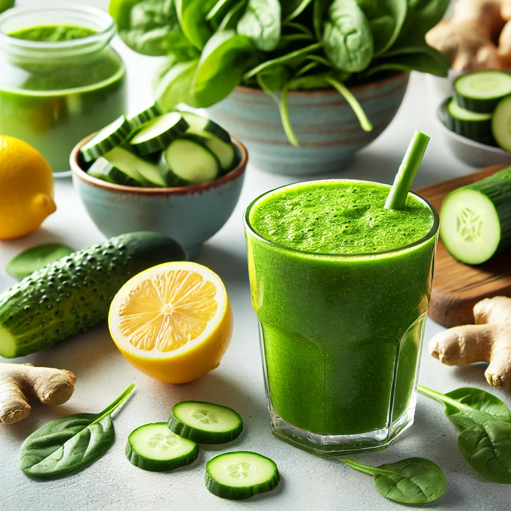 A vibrant green detox smoothie in a glass, surrounded by fresh ingredients like spinach, cucumber, lemon, and ginger on a bright kitchen countertop.