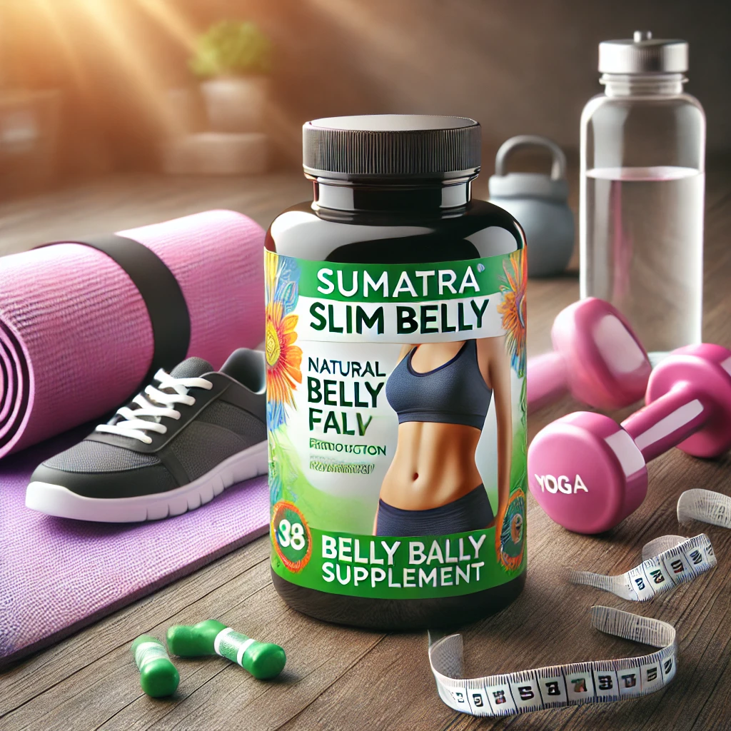 Sumatra Slim Belly supplement bottle placed next to fitness equipment, representing natural belly fat reduction and fitness.