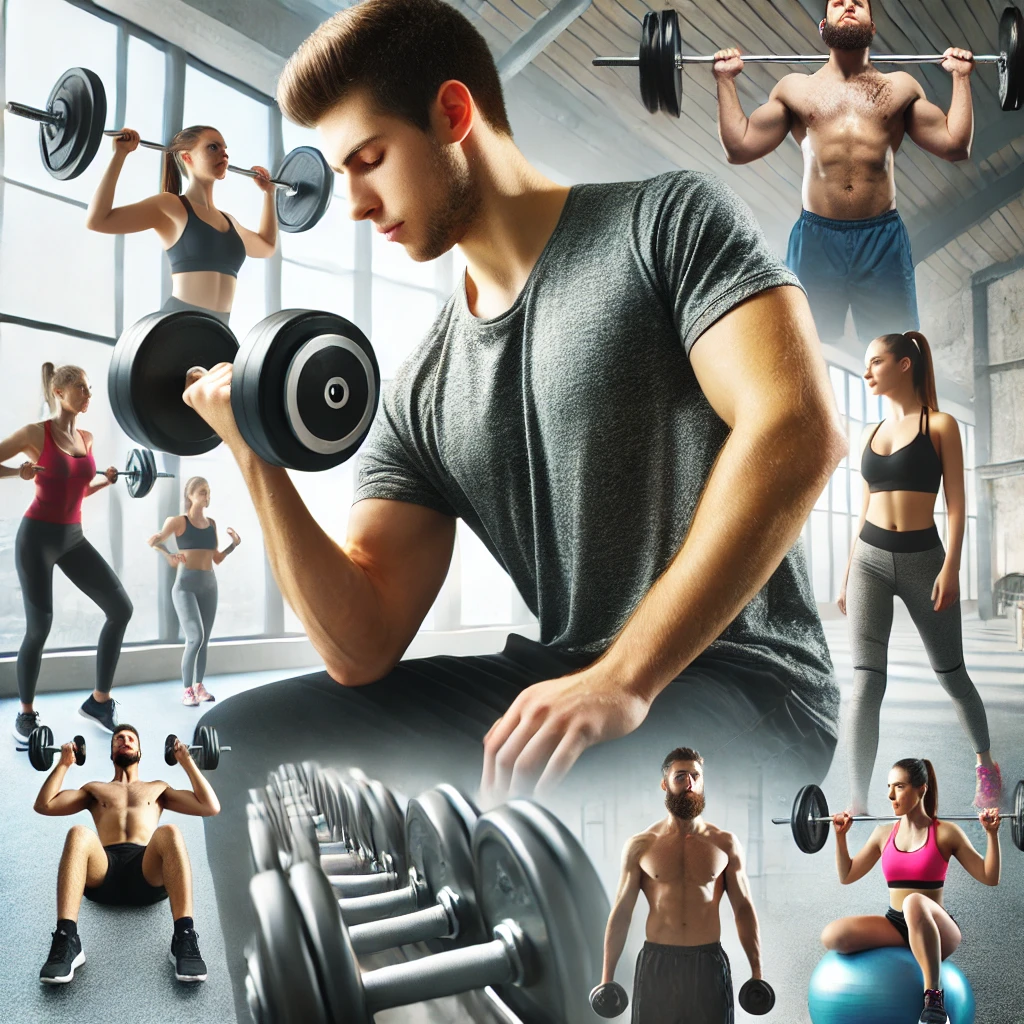 A person lifting dumbbells in a welcoming gym environment with people of various fitness levels.