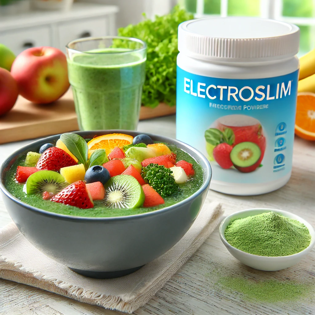 Colorful smoothie bowl with ElectroSlim Powder in a bright kitchen setting.