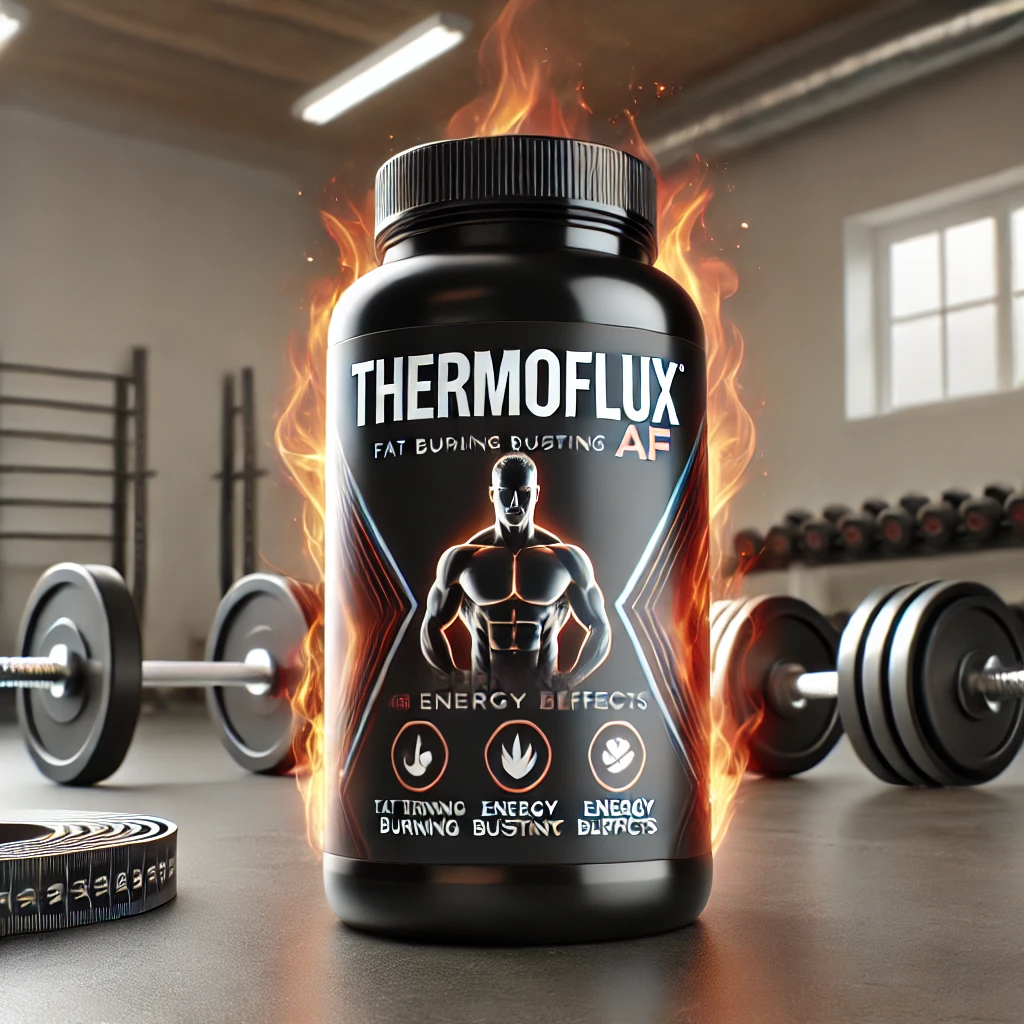 A bottle of ThermoFlux AF supplement with flames in the background, symbolizing its fat-burning and energy-boosting effects. The setting includes fitness elements, highlighting its appeal to workout enthusiasts.