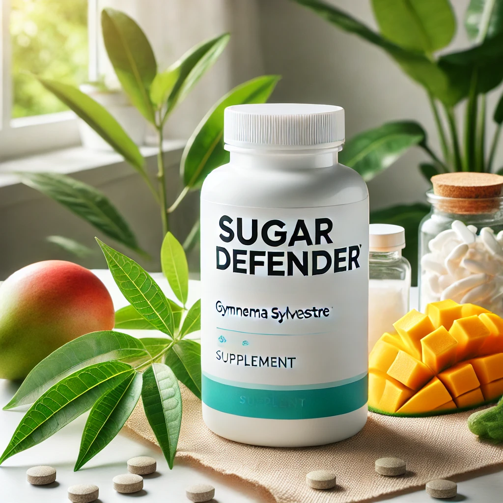 Bottle of Sugar Defender supplement with Gymnema Sylvestre, African Mango, and Chromium tablets, promoting natural blood sugar support and weight loss.