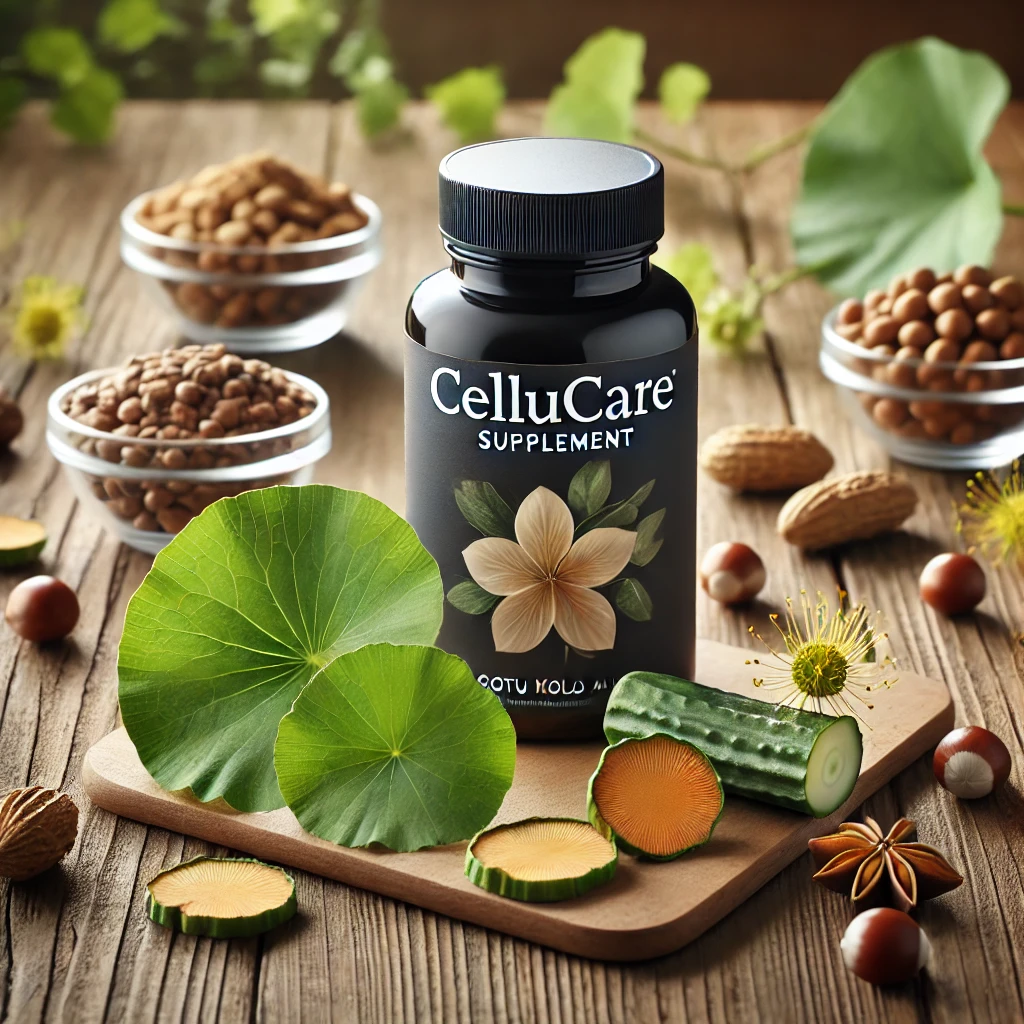 A bottle of Cellucare supplement on a table surrounded by Gotu Kola leaves, Ginkgo Biloba, and Horse Chestnut, symbolizing natural ingredients for improved circulation and skin health.