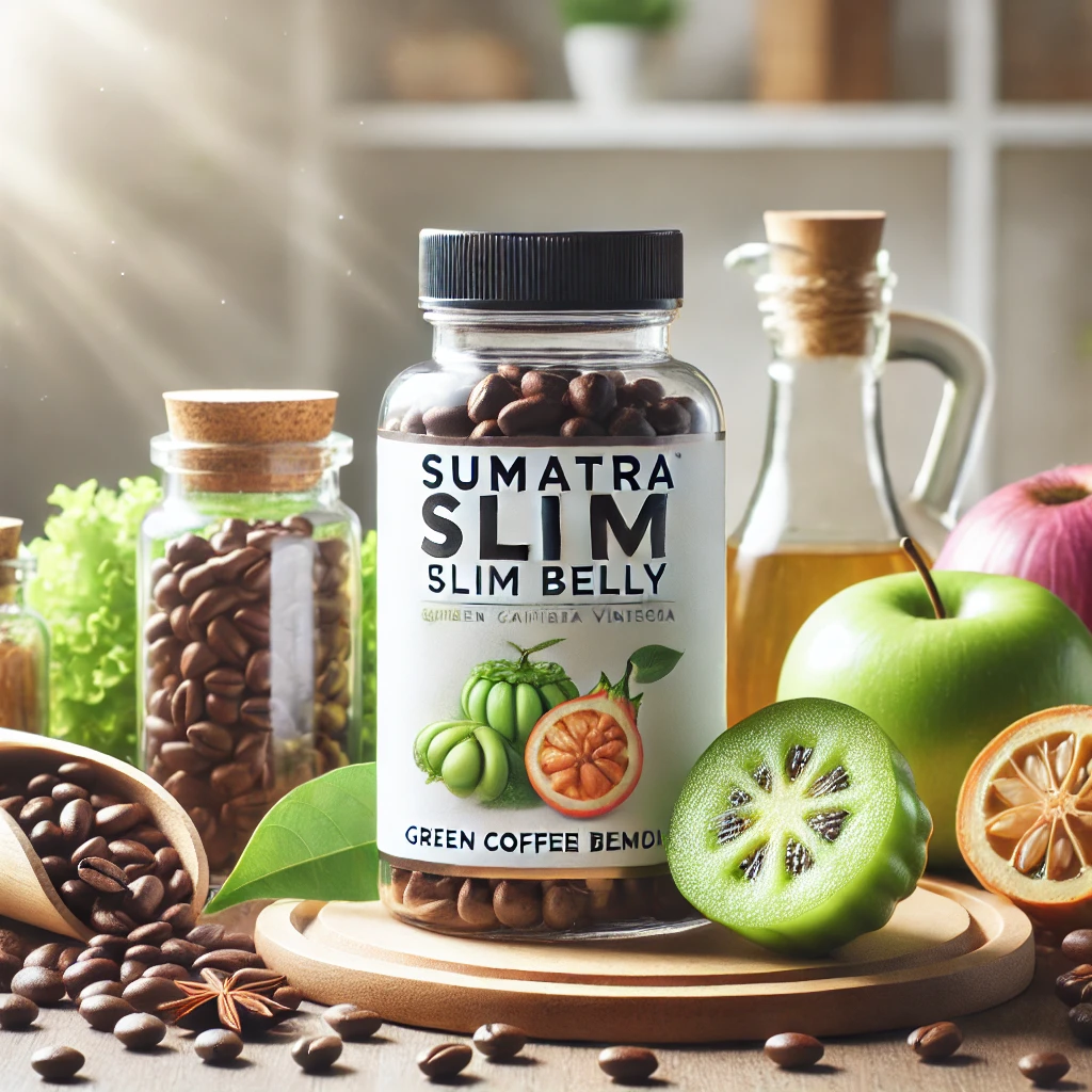 A bottle of Sumatra Slim Belly supplement with natural elements like green coffee beans, Garcinia Cambogia, and apple cider vinegar in the background, highlighting the natural ingredients for belly fat reduction.