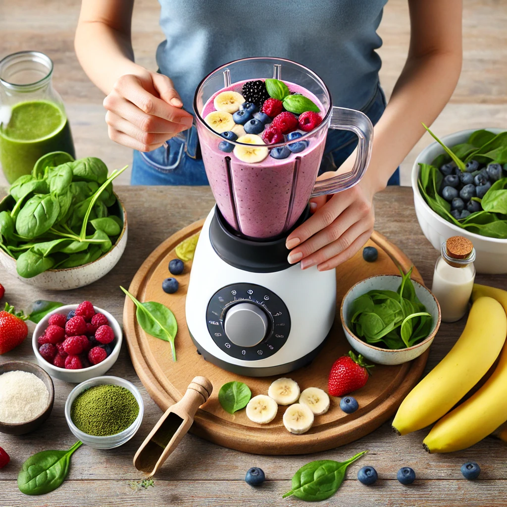 A woman preparing a fruit smoothie in a blender, surrounded by fresh ingredients like bananas, berries, and spinach, representing ongoing healthy habits after the Smoothie Diet.