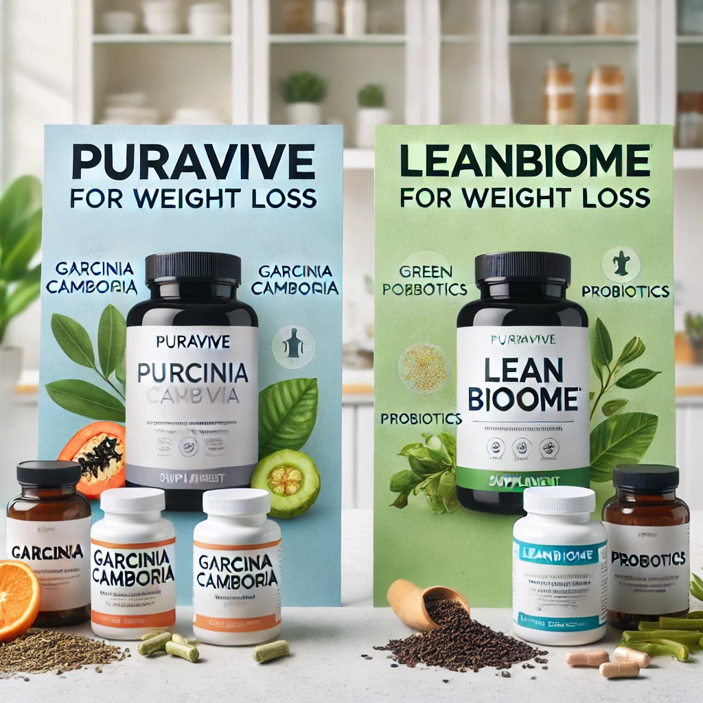 Comparison of Puravive and LeanBiome weight loss supplements with natural ingredients like Garcinia Cambogia, probiotics, and green tea, emphasizing their different approaches to weight management.