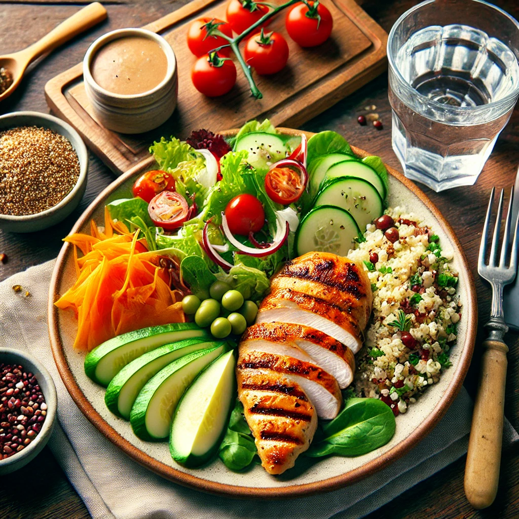 A healthy meal setup on a wooden table, featuring a balanced plate with grilled chicken, salad, quinoa, and a glass of water, symbolizing post-Smoothie Diet weight maintenance.