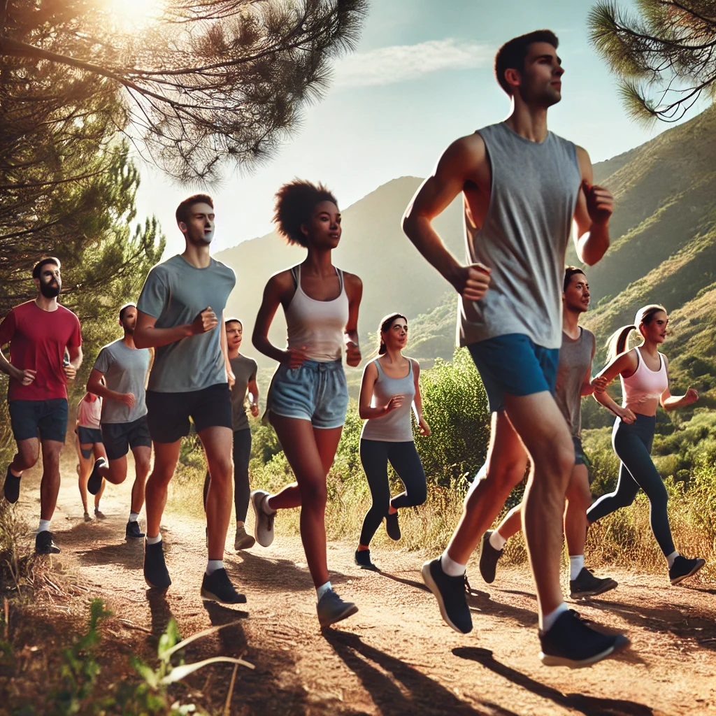 Group running in an outdoor fitness challenge on a scenic trail.