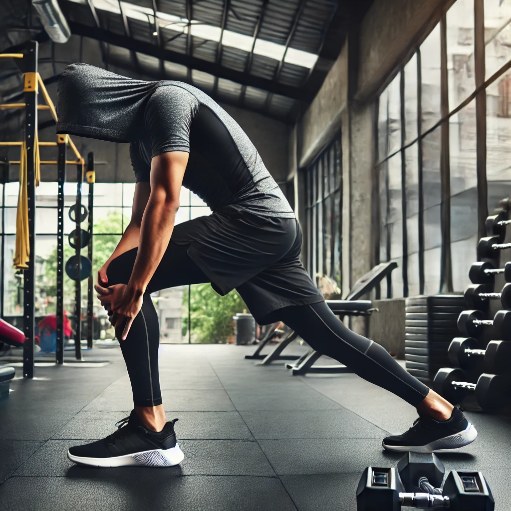 A person performing a dynamic warm-up in a gym, stretching and preparing for exercise to prevent injuries.