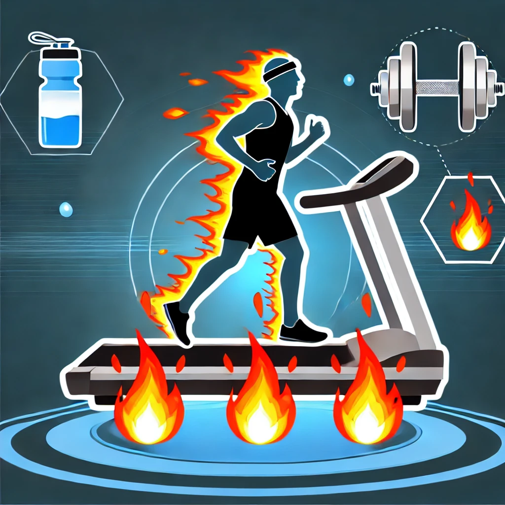 Illustration of a person running on a treadmill with flames beneath their feet, symbolizing ThermoFlux AF’s fat-burning properties and energy boost, with gym elements in the background.