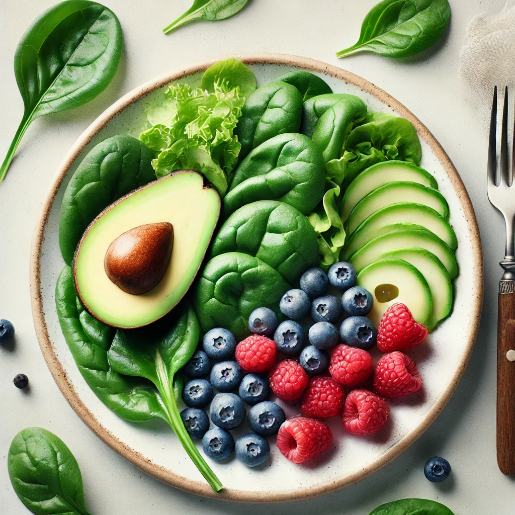 Healthy meal featuring avocado, leafy greens, and berries arranged on a light-colored plate, highlighting foods known to support skin health.