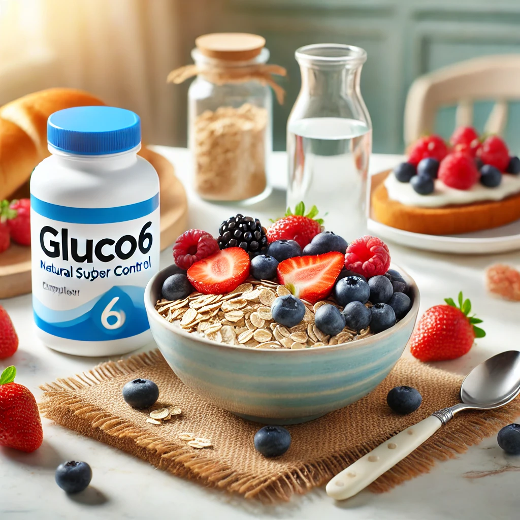 Healthy breakfast with oats, berries, water, and Gluco6 supplement for balanced blood sugar control.