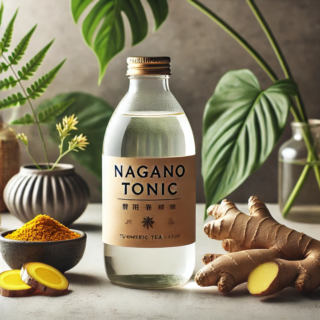 A bottle of Nagano Tonic surrounded by natural ingredients such as turmeric roots, ginger, and green tea leaves, symbolizing its natural fat-burning properties.