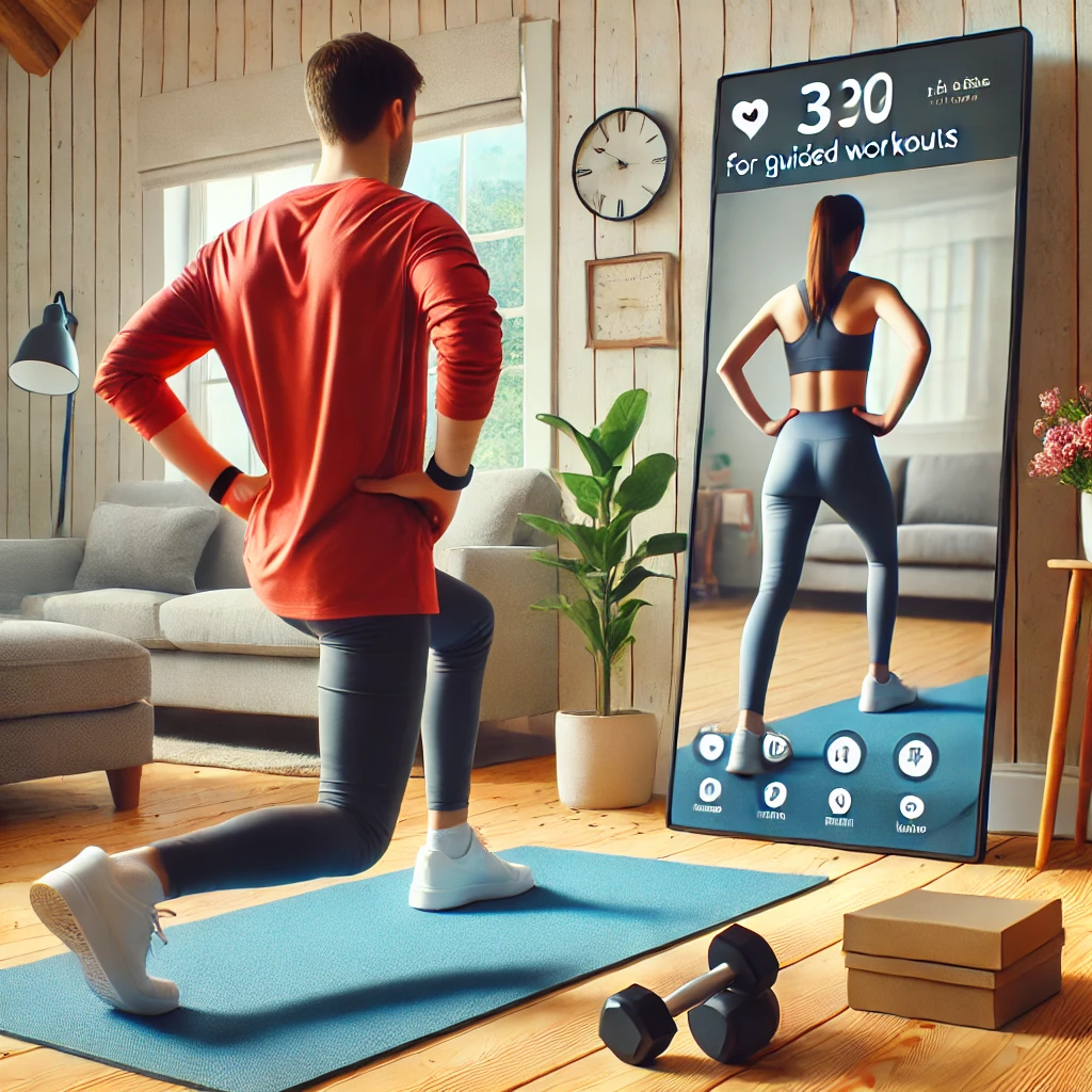 Person exercising at home with a smart mirror showing a virtual instructor.