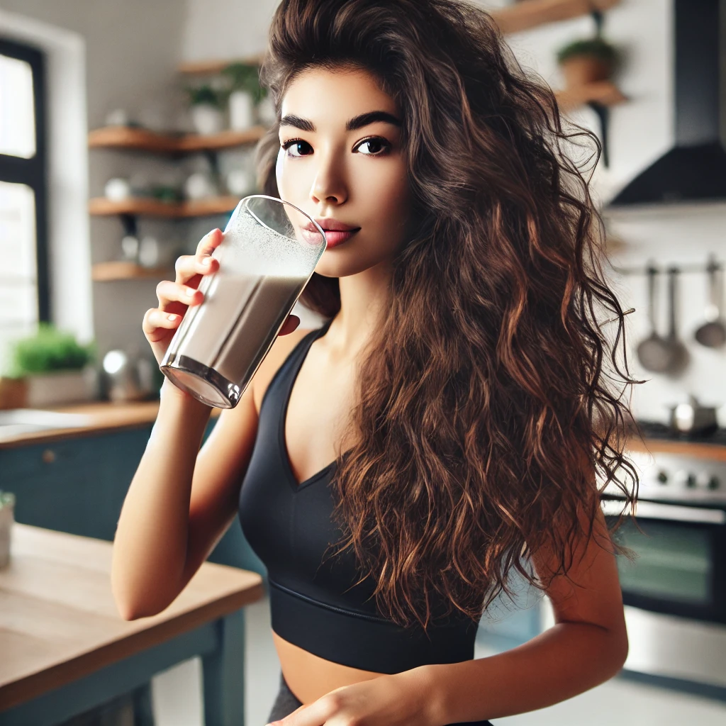 ElectroSlim powder supplement for fat burning, young woman drinking in a bright kitchen, dressed in workout attire, showcasing a healthy lifestyle.