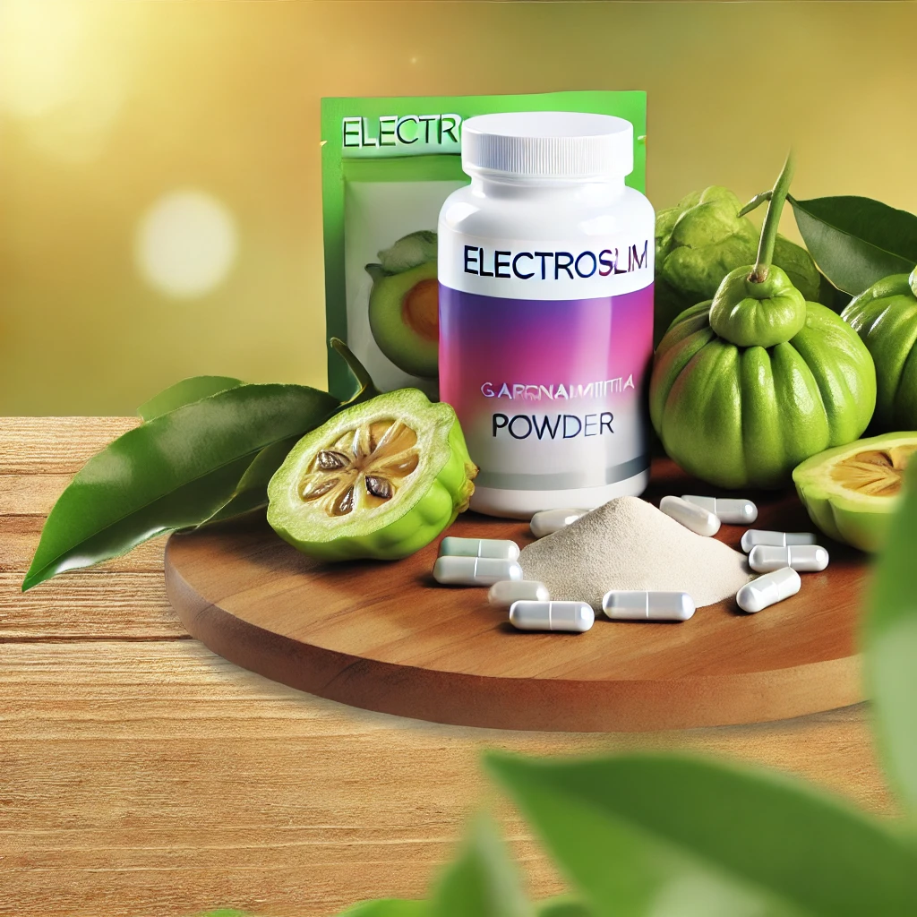 Wooden table featuring ElectroSlim ingredients: green tea leaves, garcinia cambogia, and L-carnitine capsules.