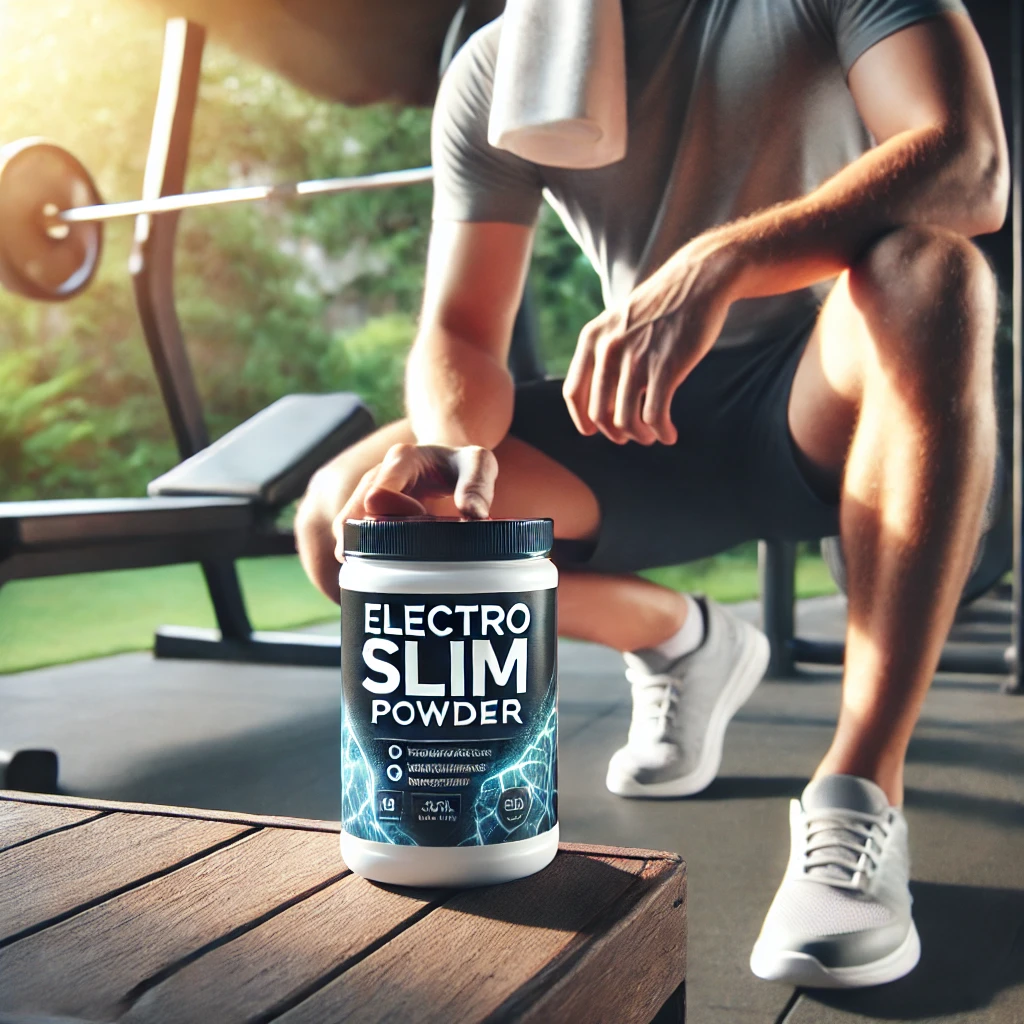 Person preparing for a workout, holding ElectroSlim powder, with gym equipment in the background."