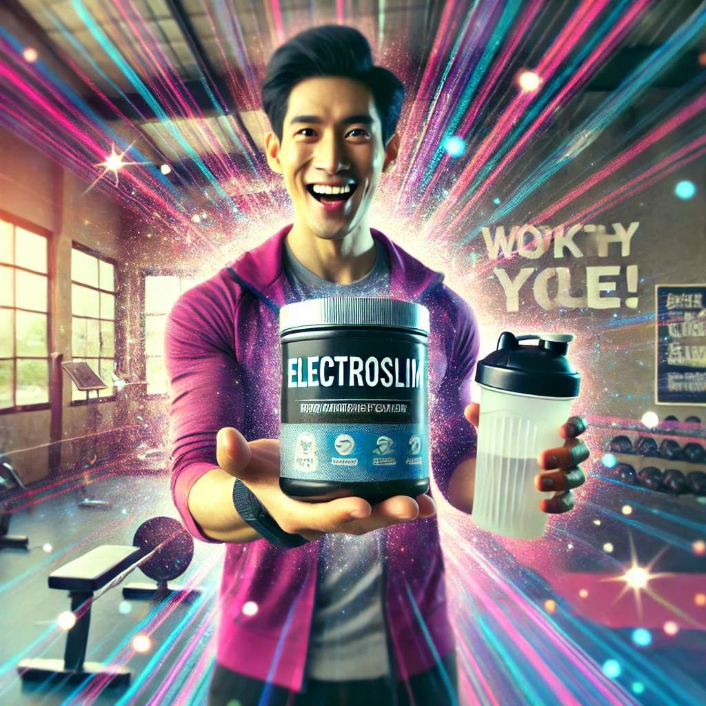 Fitness enthusiast holding ElectroSlim Powder in a gym, ready for a workout.