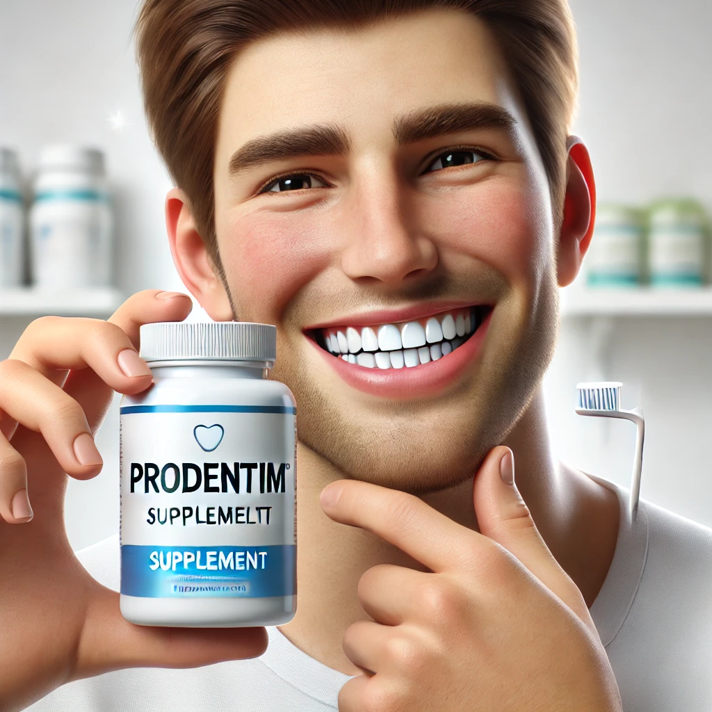 Person smiling with healthy gums, holding a ProDentim supplement bottle, set against a bright, natural wellness-themed background.