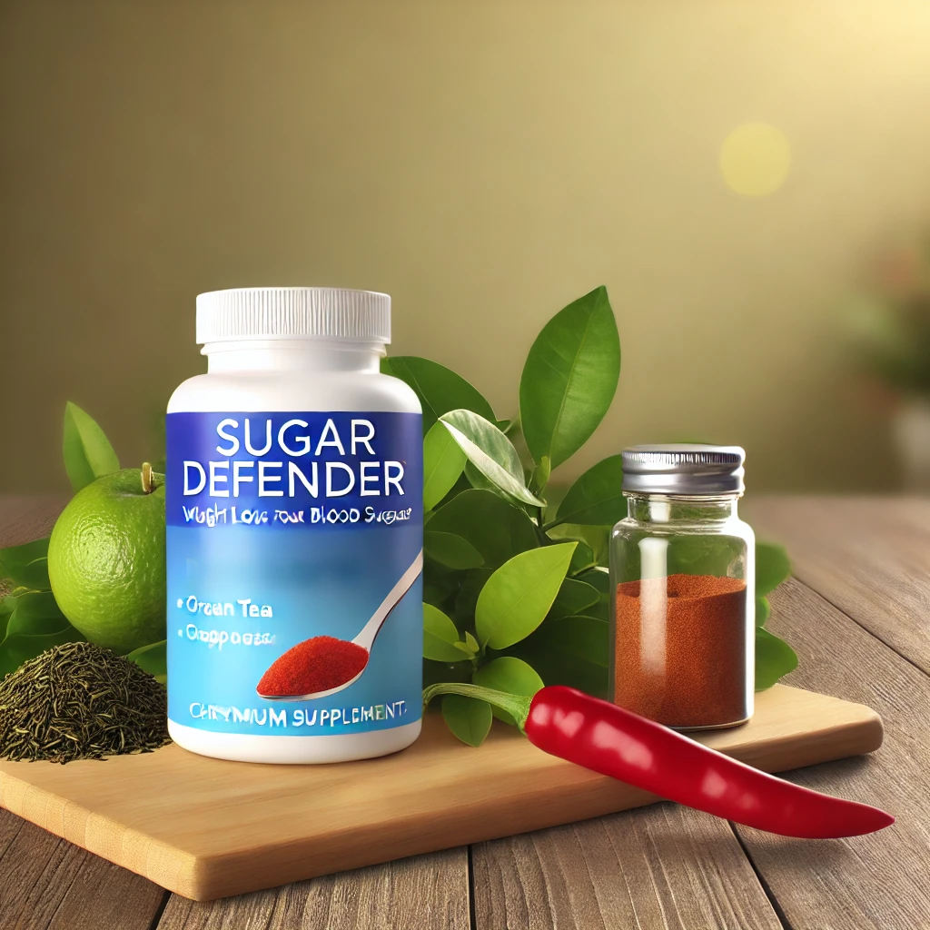 Wooden table with components of Sugar Defender, featuring green tea leaves, a bottle of chromium supplements, and cayenne peppers arranged in a natural setting.