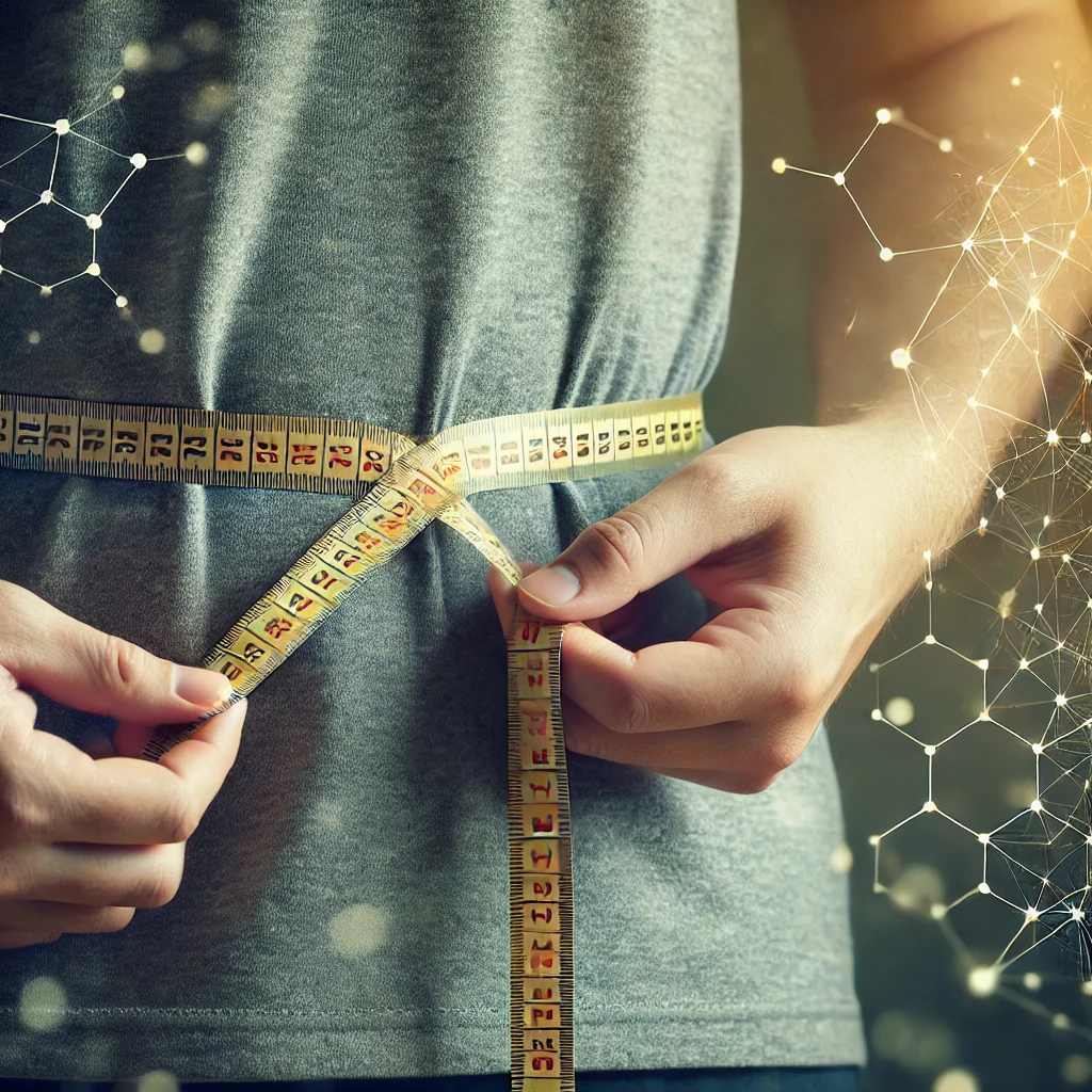 Person measuring their waist with a tape measure, representing successful belly fat reduction and weight loss.