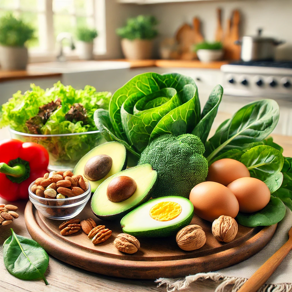 Keto-friendly meal on a wooden table with avocados, eggs, leafy greens, and nuts in a bright kitchen.