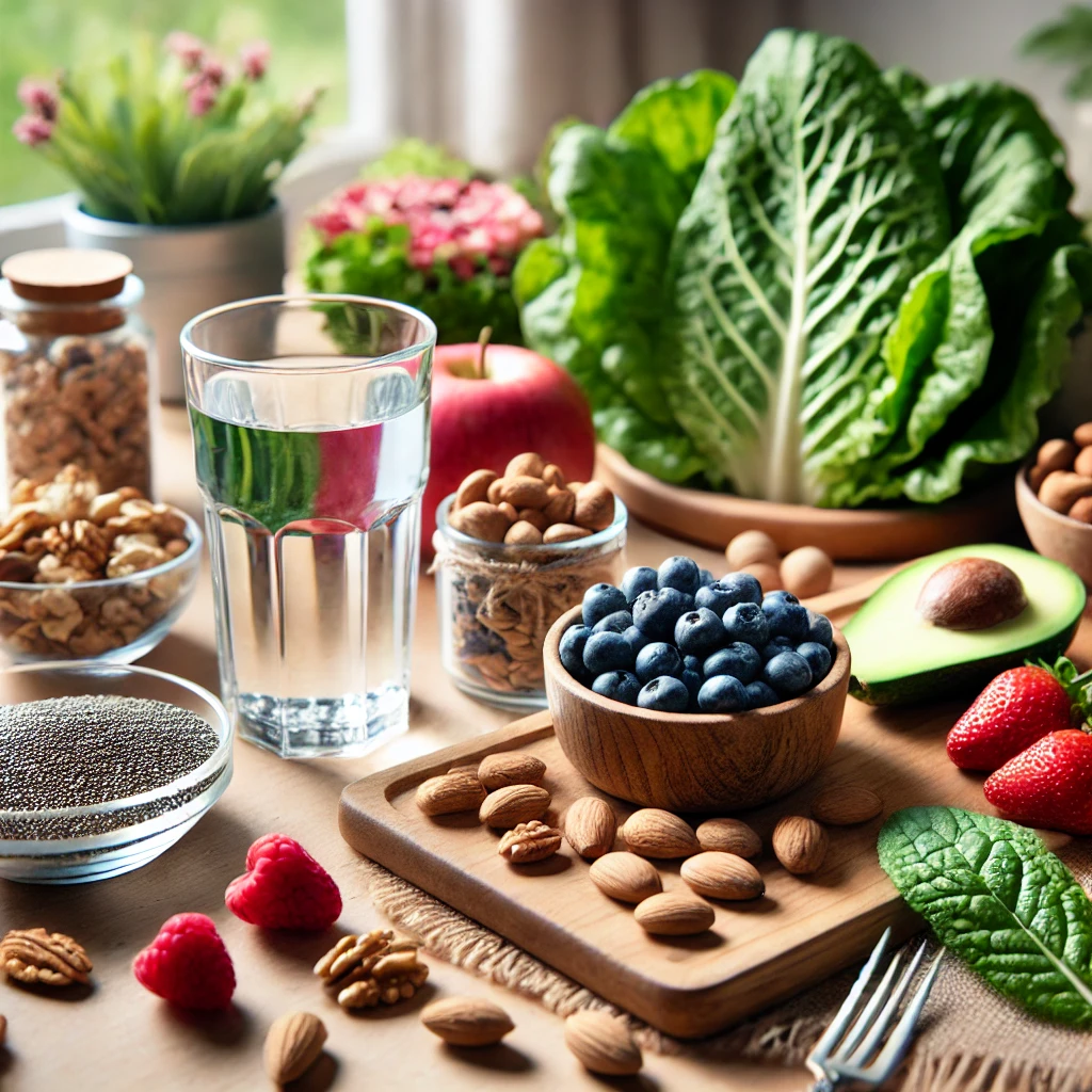 Healthy ingredients like leafy greens, nuts, chia seeds, and berries on a wooden table, symbolizing natural ways to control blood sugar and maintain balance.