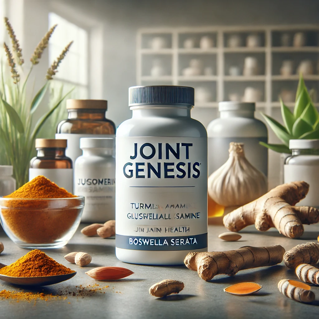 A bottle of Joint Genesis supplement with natural ingredients like turmeric, glucosamine, and Boswellia Serrata in the background, highlighting its joint health and pain relief benefits.