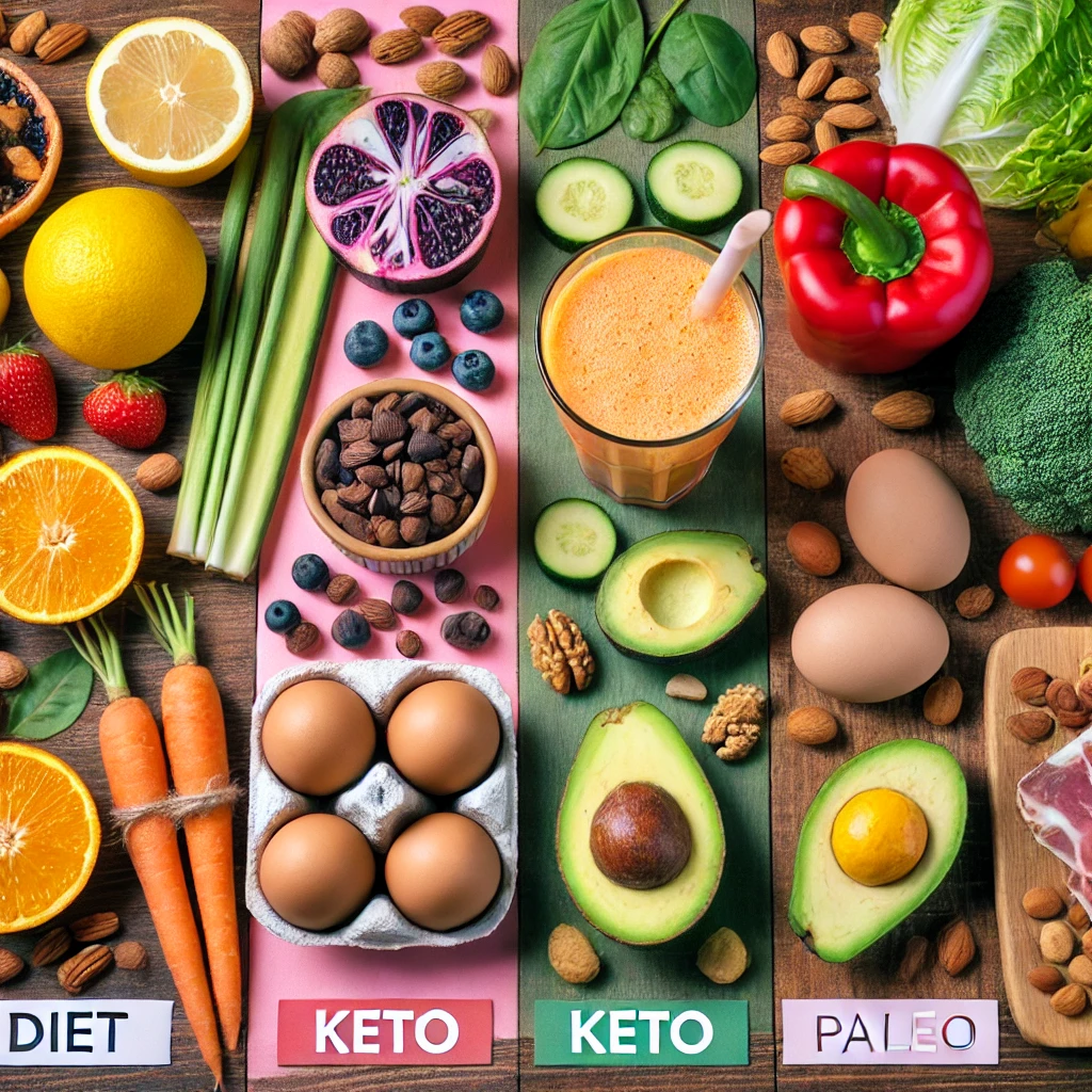 A colorful comparison of different diet foods, showing fruits, vegetables, and a smoothie on one side for the Smoothie Diet, and eggs, avocado, and nuts on the other side representing the Keto and Paleo diets.