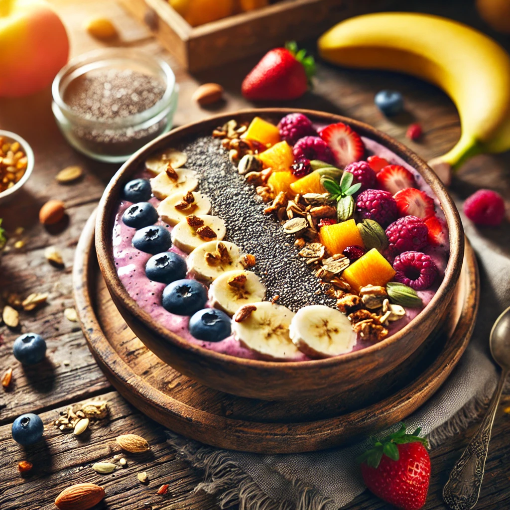 Smoothie bowl topped with fresh fruits, nuts, seeds, and granola on a rustic wooden surface, surrounded by bananas, berries, and chia seeds.