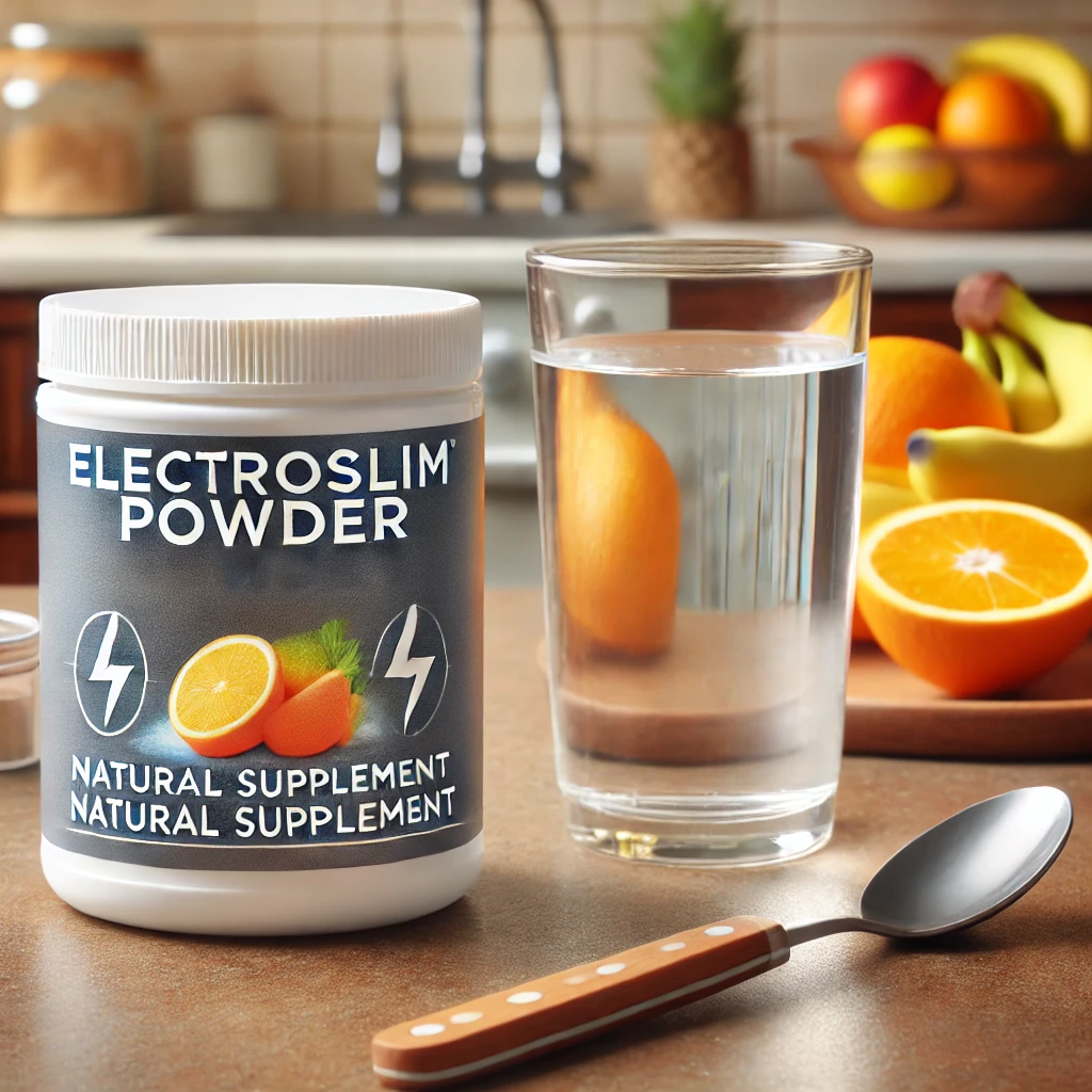 ElectroSlim Powder container on a kitchen counter with water and fruits, symbolizing a healthy lifestyle.