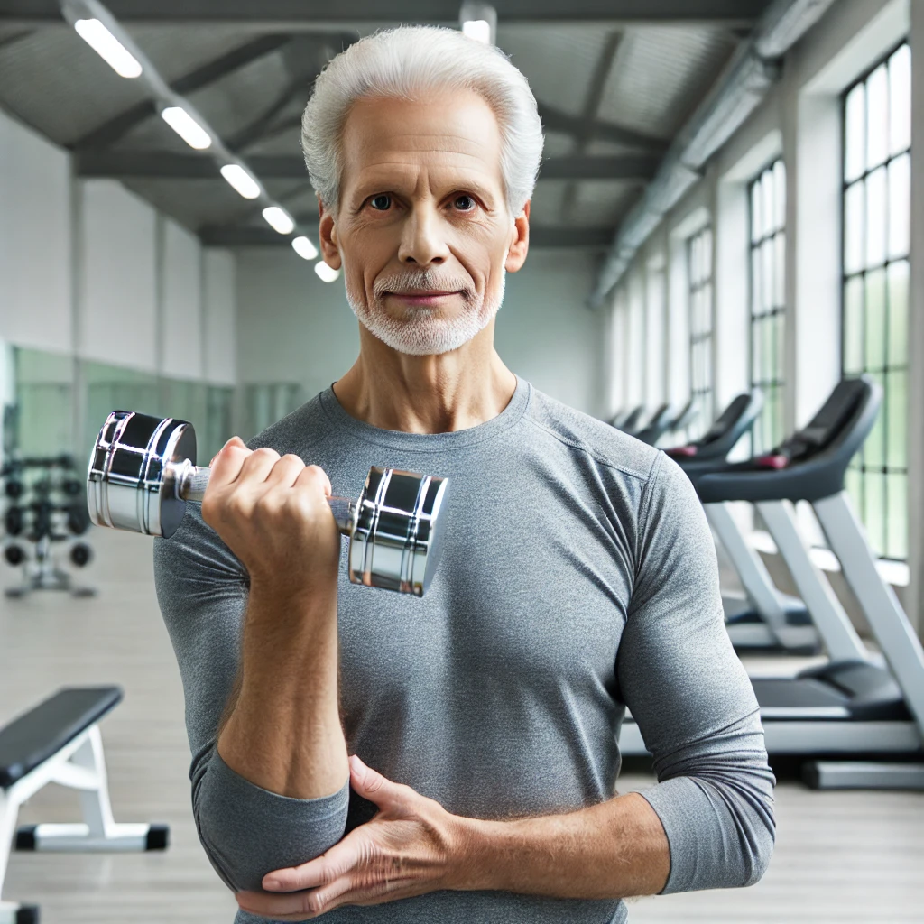 Older adult lifting a light dumbbell, showcasing improved muscle strength and mobility.