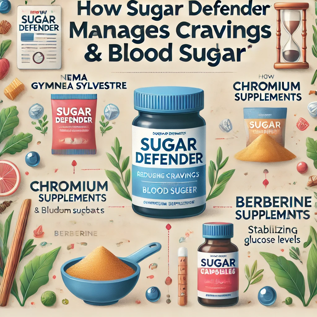 Infographic of Sugar Defender ingredients: Gymnema Sylvestre, chromium, and berberine.