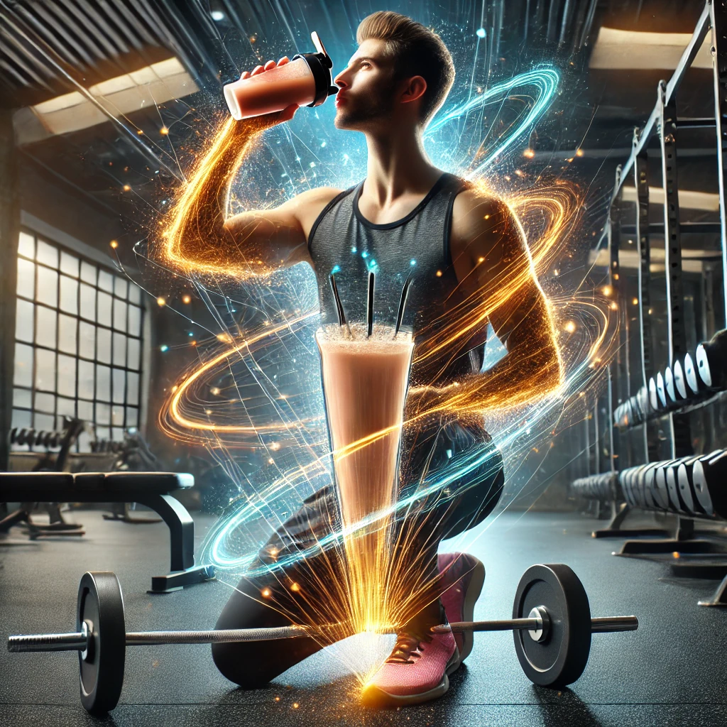 Person drinking ElectroSlim Powder shake in a gym with energy lines around them.