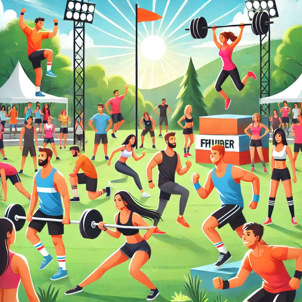 Outdoor fitness challenge with participants running and weightlifting in a park, surrounded by cheering crowds and motivational banners