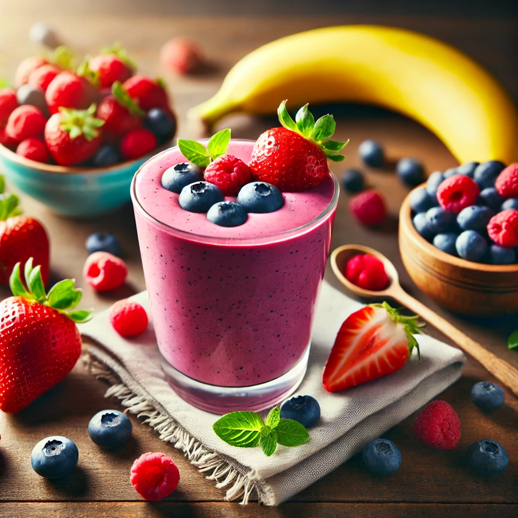 A glass filled with a colorful berry smoothie, surrounded by fresh ingredients like strawberries, blueberries, raspberries, and a banana on a wooden table.