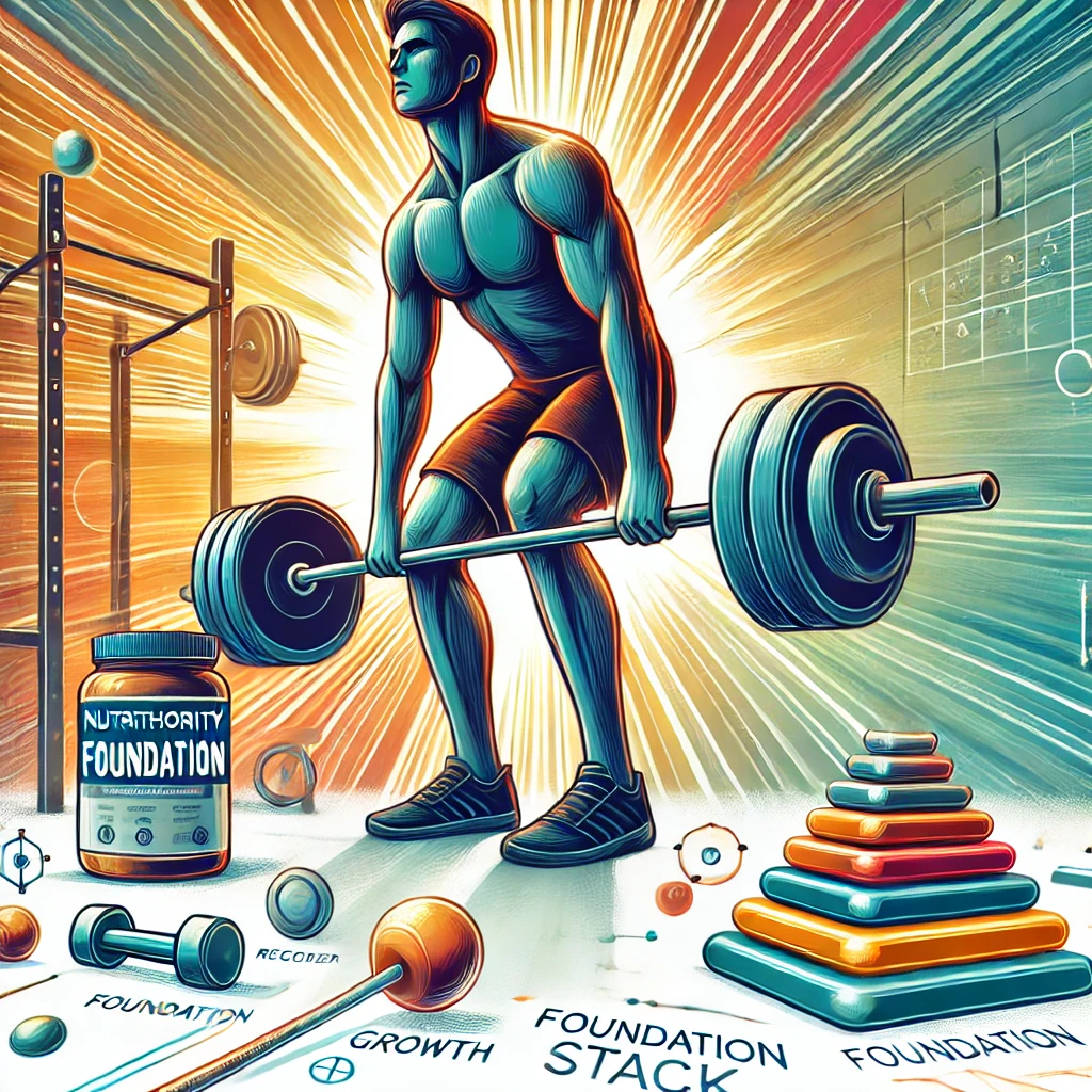 A vibrant illustration of a person lifting weights in a gym setting, symbolizing the muscle-building benefits of Nutrithority’s Foundation Stack, with workout equipment in the background.